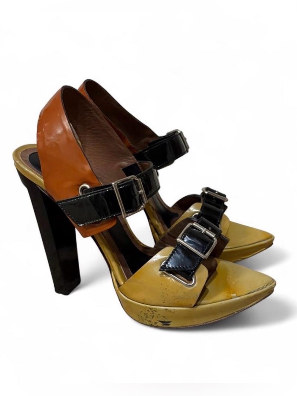 Marni Brown Yellow Ochre Black Patent Leather Platform Heels Buckles Sz 36/US 6 - Picture 4 of 11